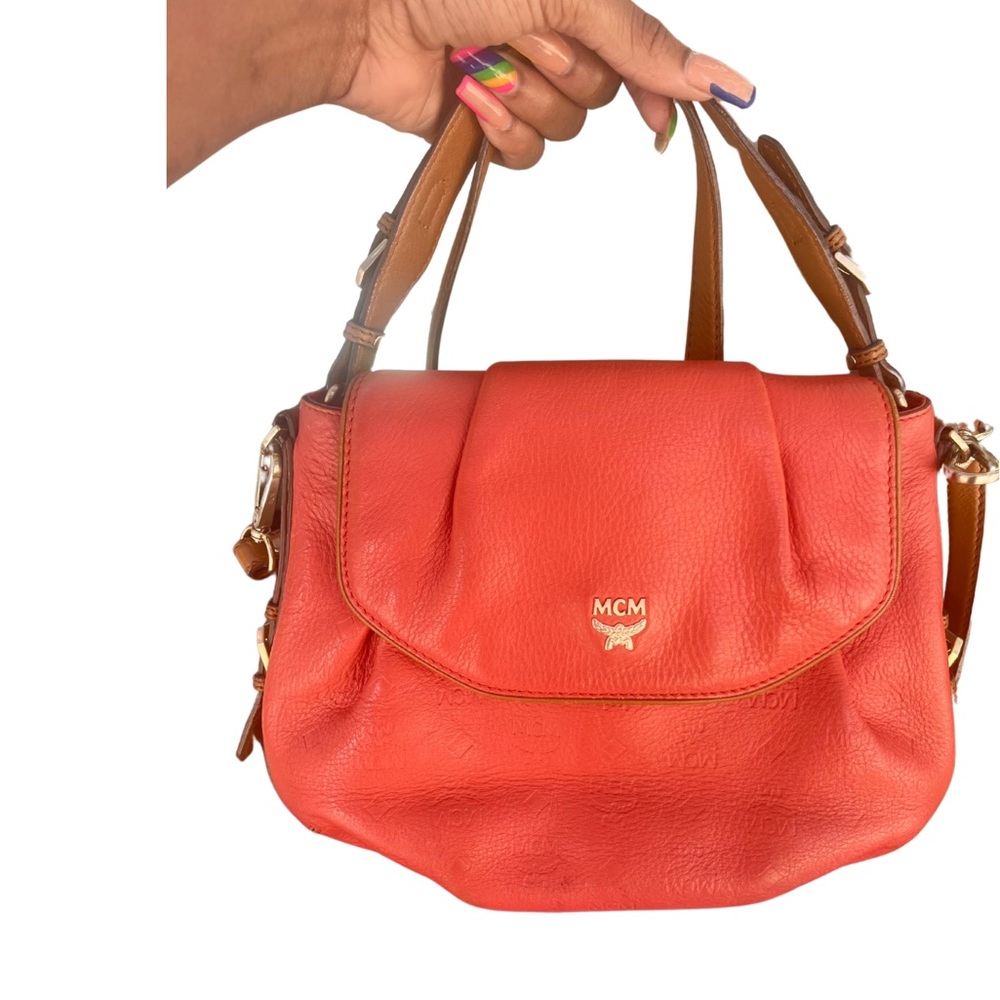 MCM Red Leather Satchel with Brown Straps